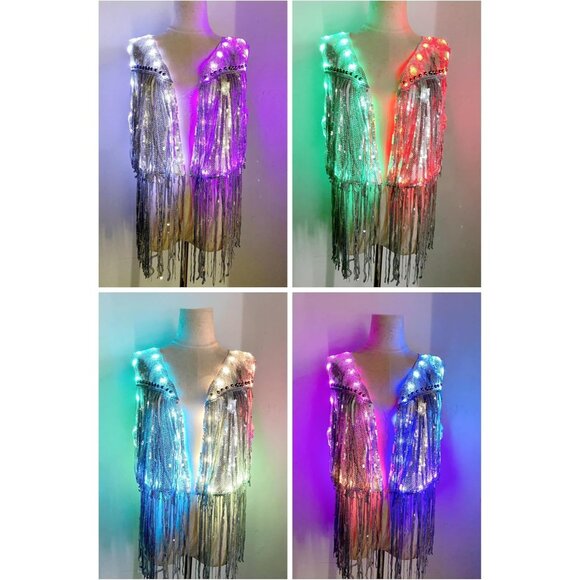 Womens LED Light Up Sequin Fringe Vest Sparkly Silver Disco Party Jacket Top - Picture 3 of 9